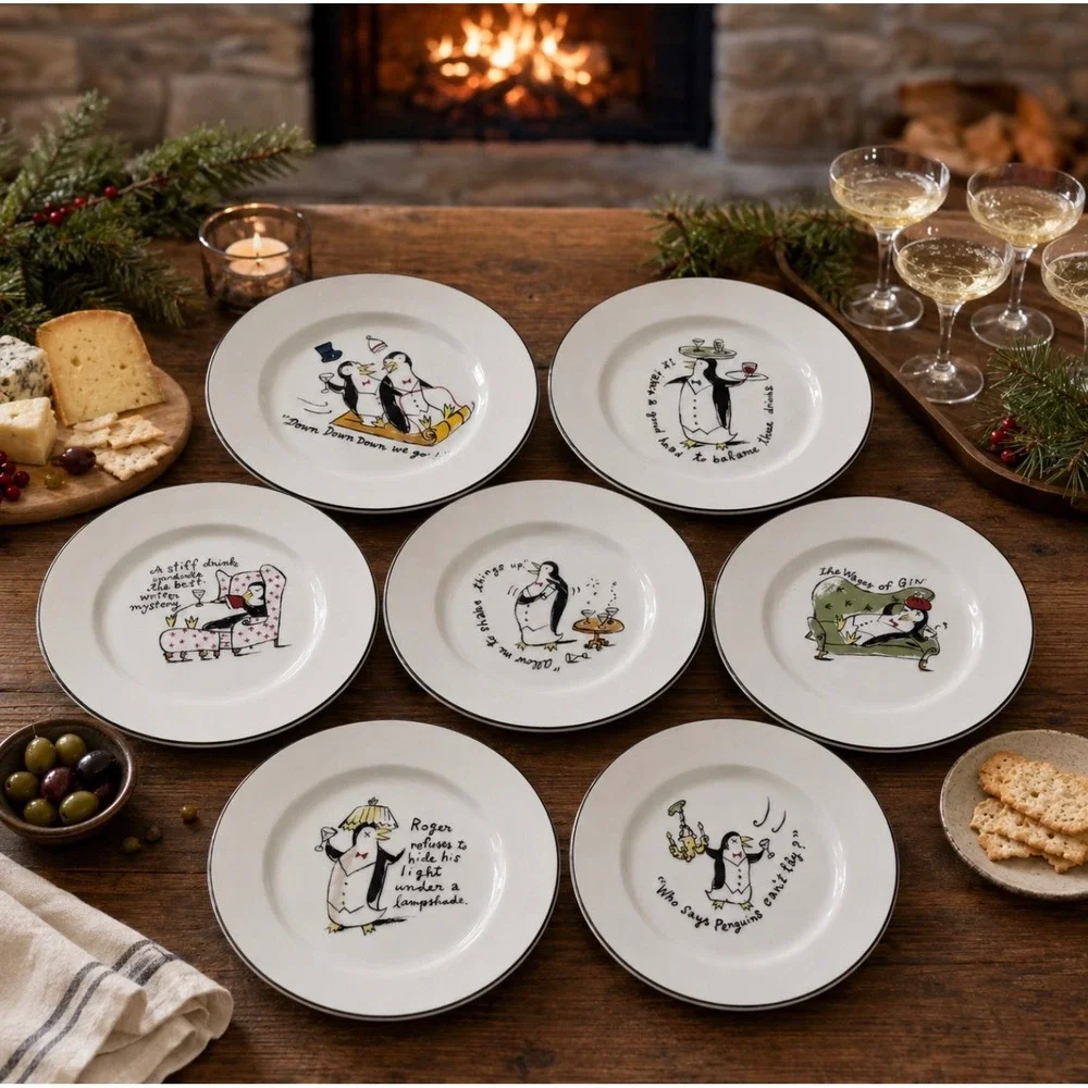 Vintage Pottery Barn Tipsy Penguins Plates Set of 7 Cocktail Dessert Japan